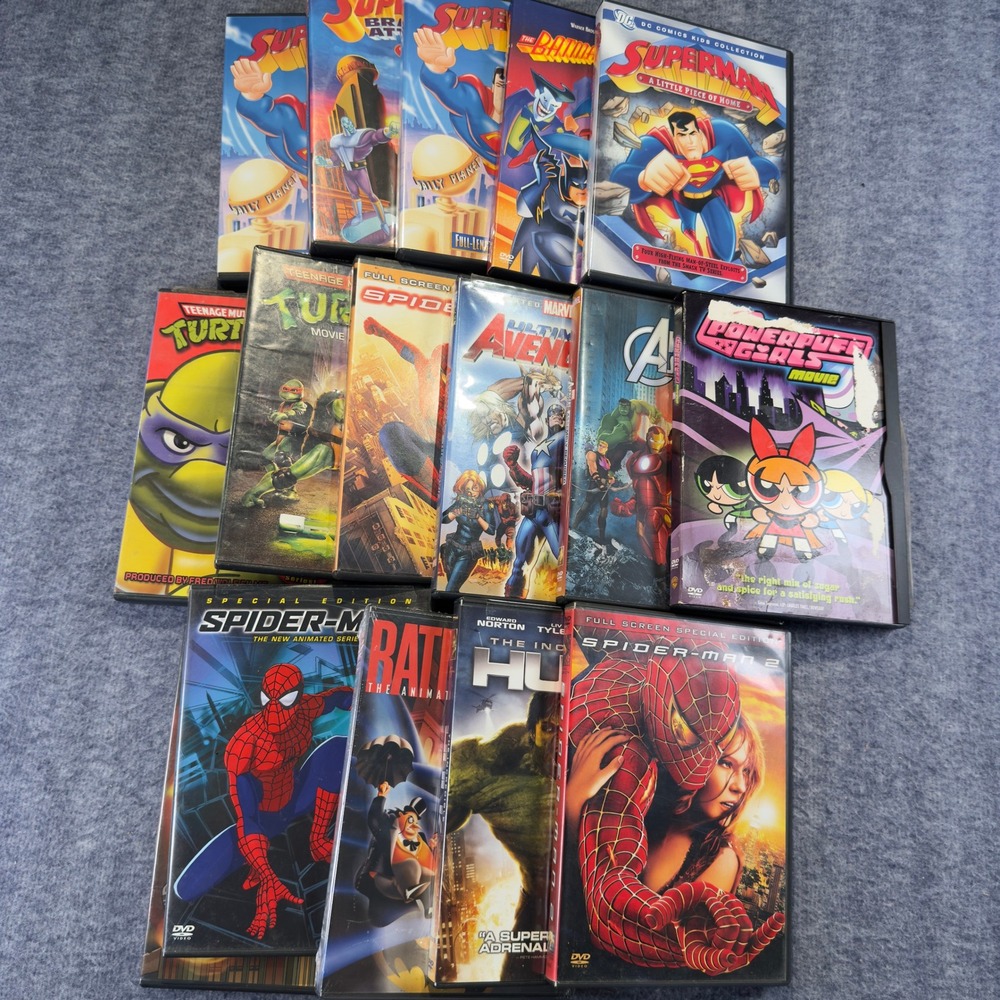 Superhero Marvel DC DVD Lot Spider-Man Batman Superman Hulk TMNT 16 Movie Bundle